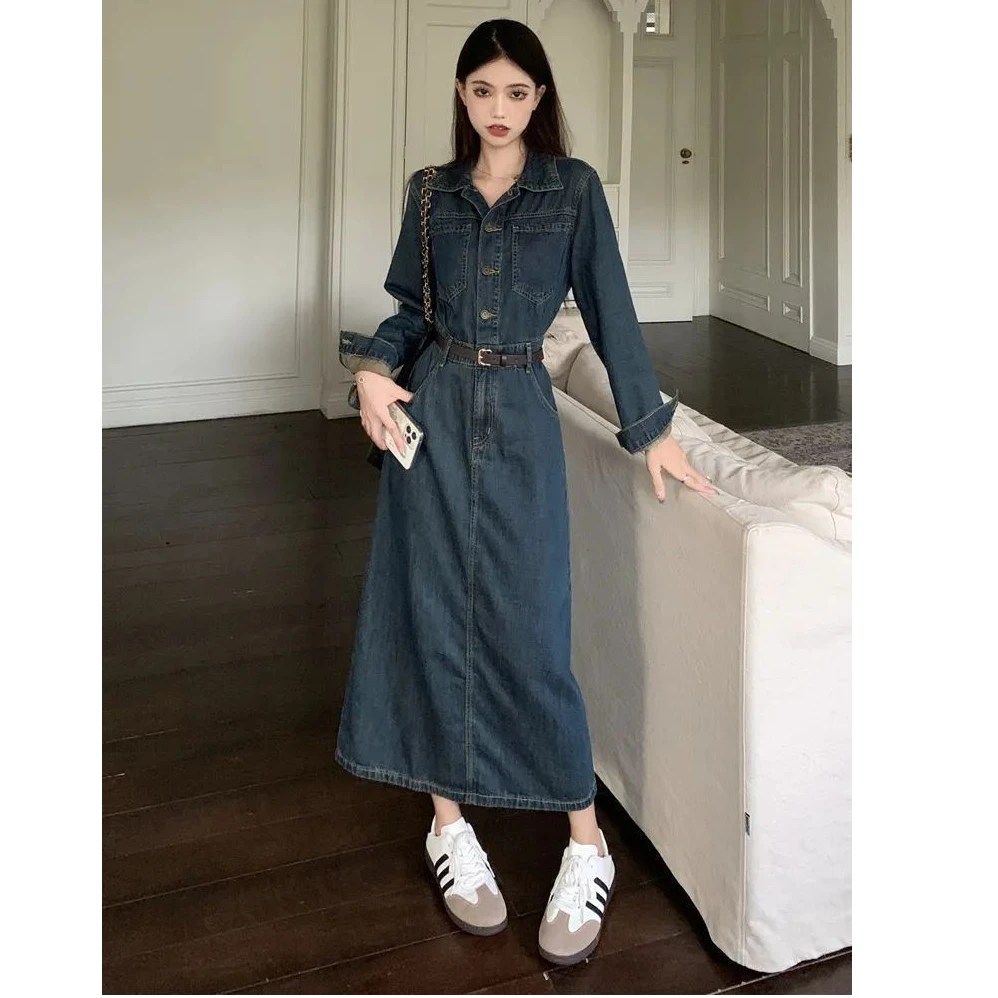 复古减龄连衣裙女2025春秋新款港风时尚收腰polo领长袖洋气牛仔裙