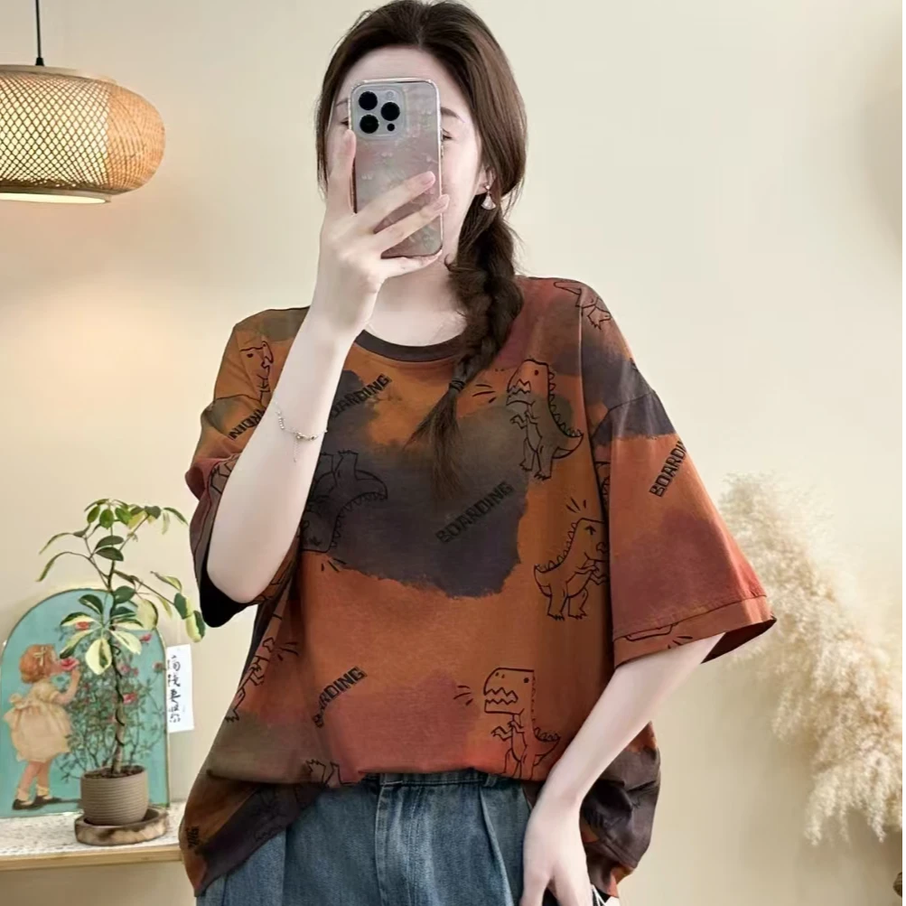 时尚短袖印花韩版气质常规洋气设计感T恤夏古宽松上衣
