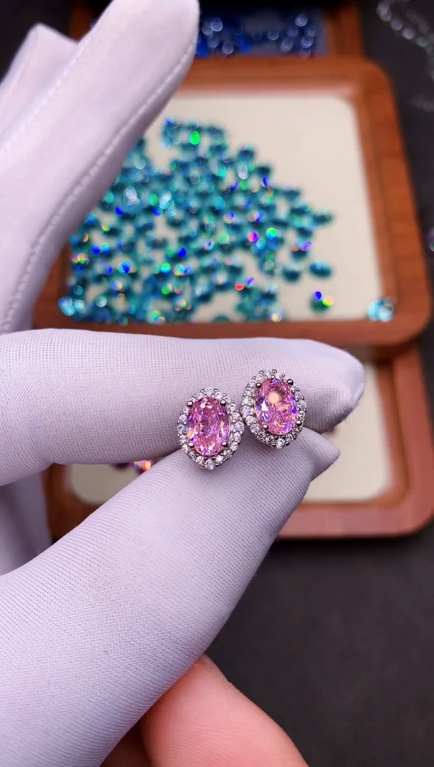 碧玺耳饰银S925镶嵌深粉