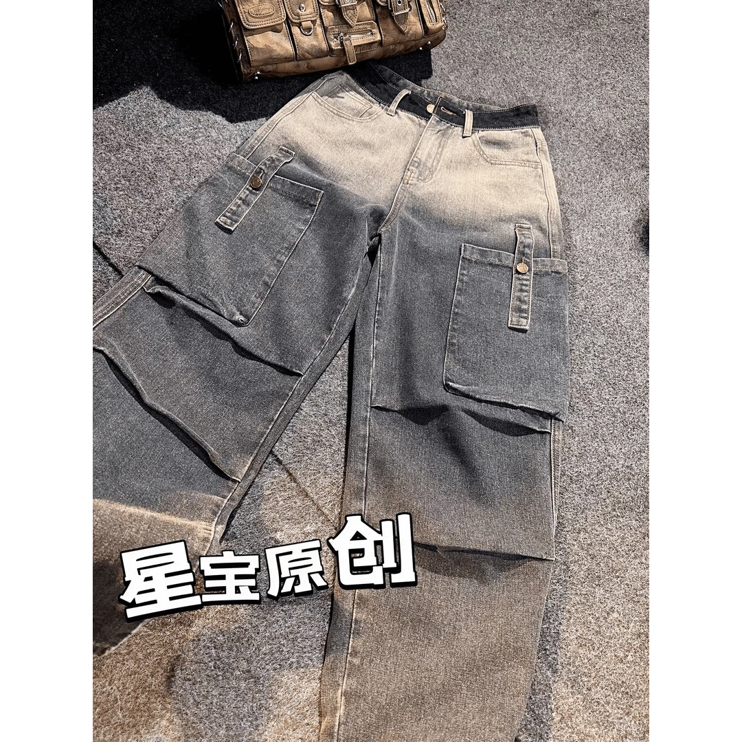 美式工装复古牛仔裤女2024新款潮流口袋宽松直筒阔腿裤子-3022