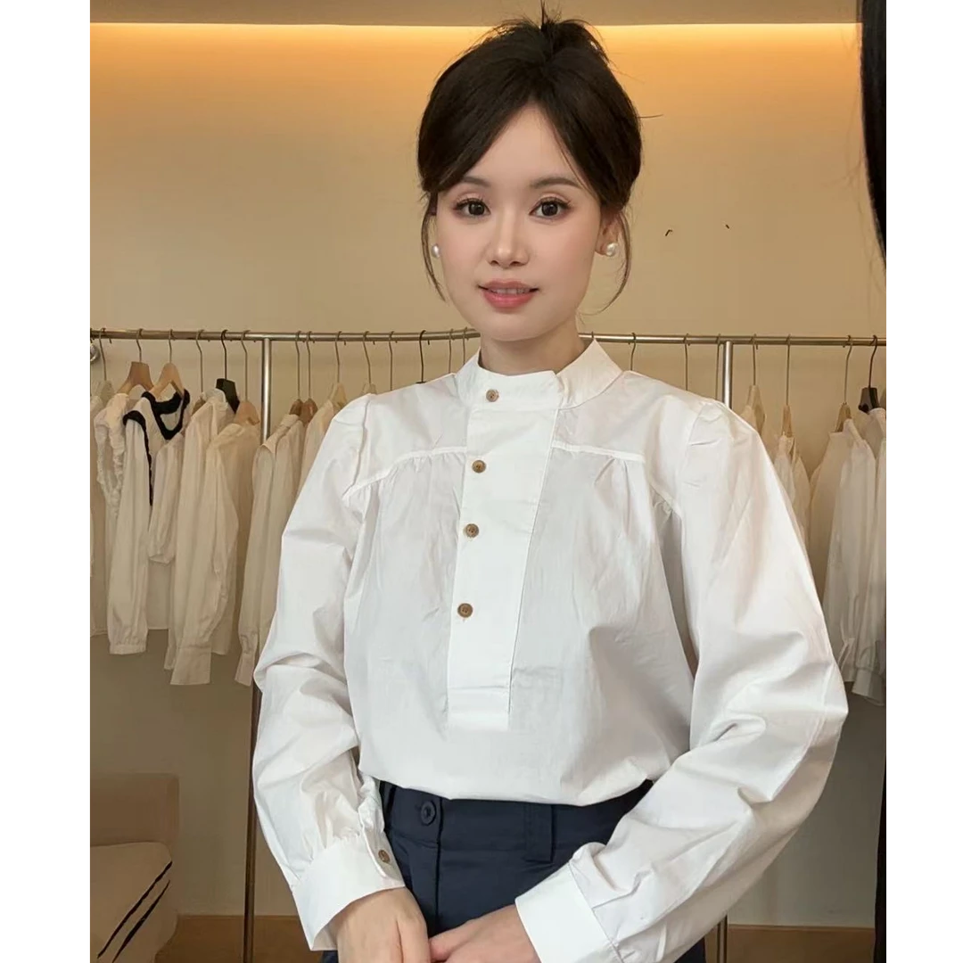 668韩版法式复古小立领纯色衬衣春秋季简约百搭长袖纯棉白衬衫