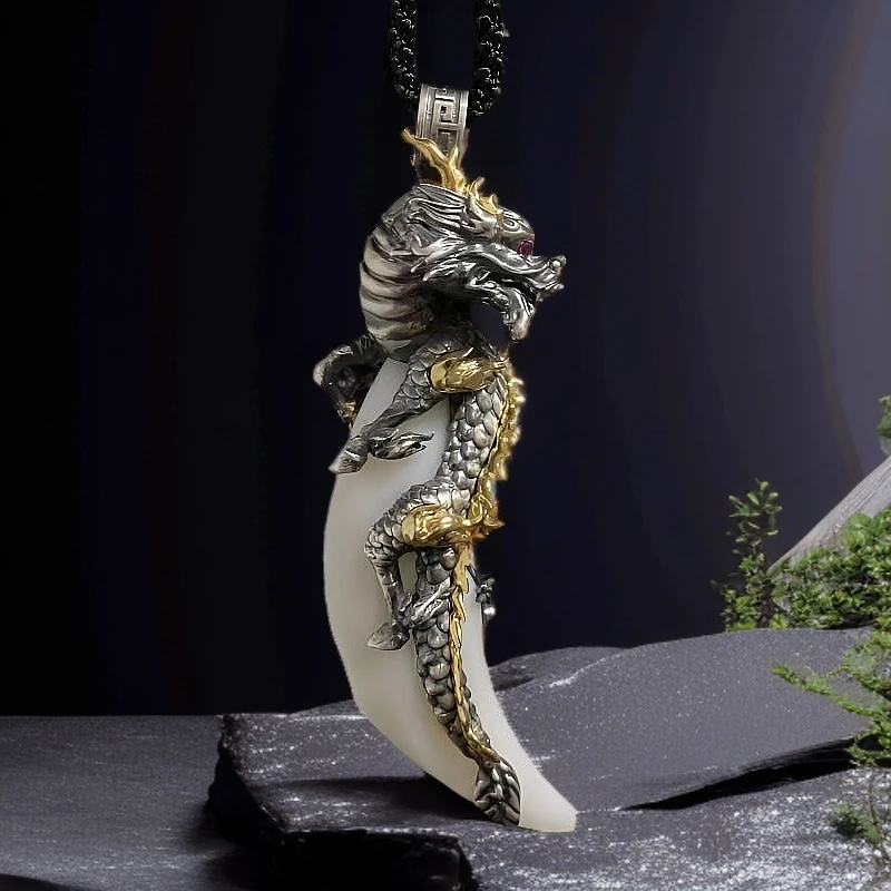 玉狼牙 麒麟款 925银镀金镶嵌 手工气质时尚复古个性和田玉吊坠