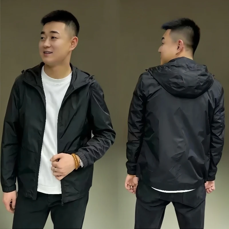 春夏季休闲男外套轻薄透气纯色简约商务休闲连帽冲锋衣防晒外套潮