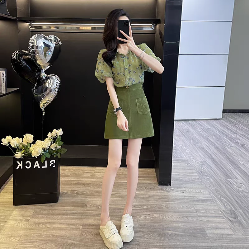 时尚衬衣半身裙套装女夏季新款绿色碎花短袖衬衫半身短裙两件套女