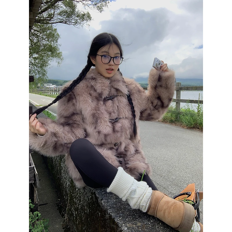 【HRG清仓】冬季毛毛外套拼接时尚质牛角扣大衣244N2880