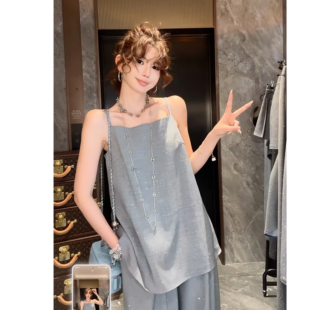 婉君【暗夜幽光吊带】夏季气质时尚闪钻无袖吊带上衣LWJ25B2T1953