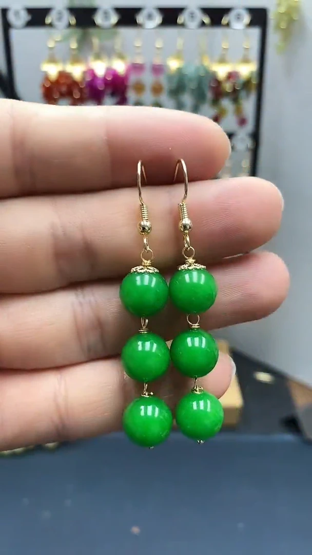 翡翠银S925镀金镶嵌耳饰尺寸10mm连珠