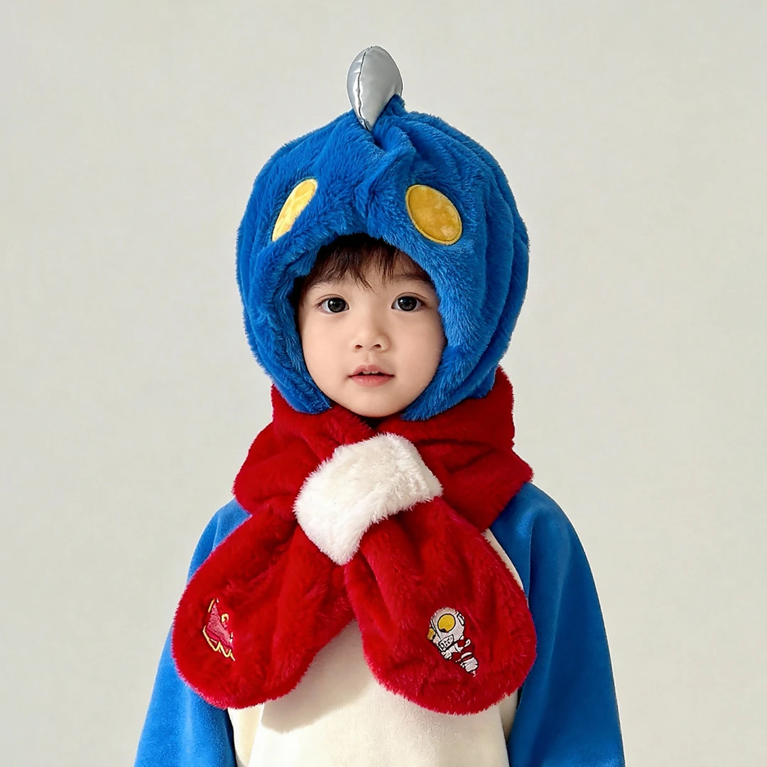 儿童帽子围巾一体帽奥特曼冬季男女宝宝防风保暖加绒加厚护耳帽