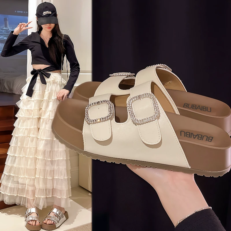2025夏季爆款8832双钻扣鞋网红外穿舒适百搭休闲时尚厚底拖鞋女