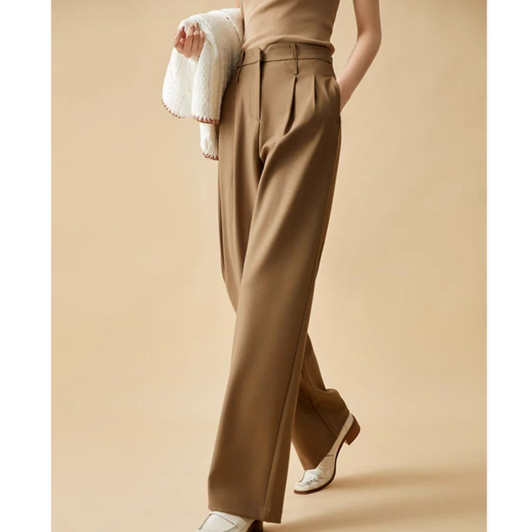 B1132卡其色西装阔腿裤女春夏新款高端垂感百搭休闲裤直筒拖地裤