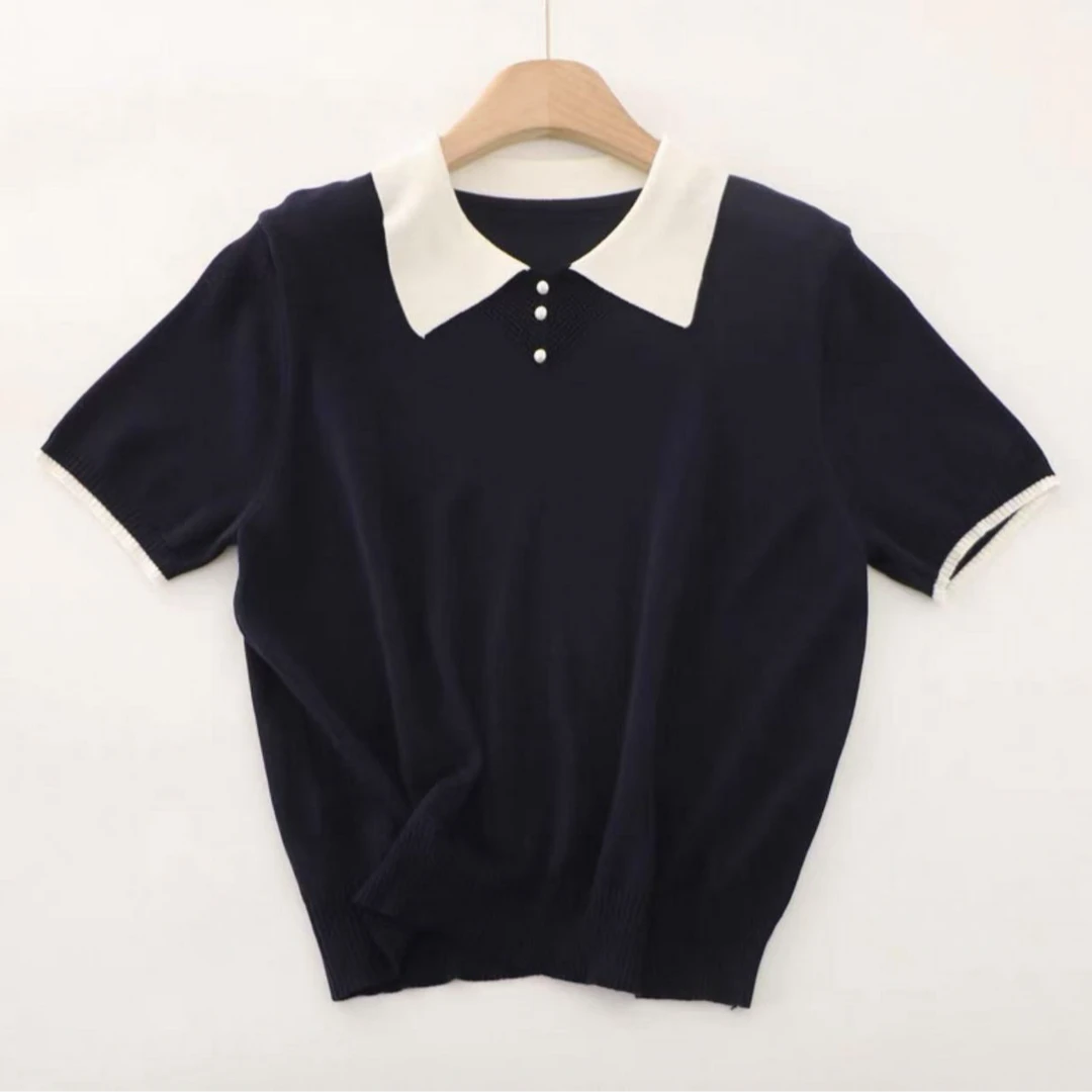 POLO领夏季新款拼色短袖T恤女薄款针织衫上衣短袖时尚撞色翻领T恤