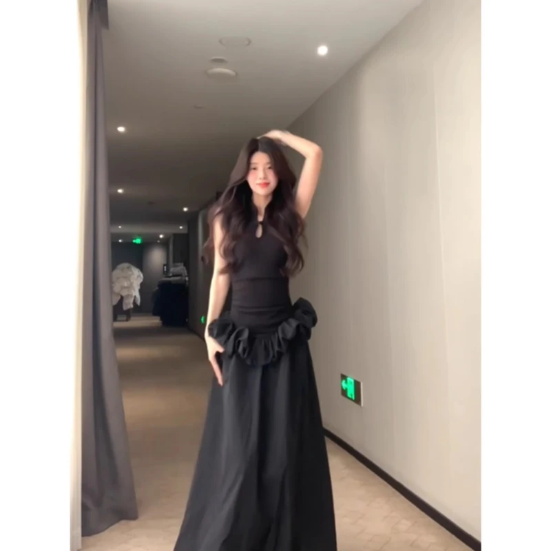 新中式复古黑色盘扣蓬蓬连衣裙女夏季高级感收腰显瘦气质无袖长裙