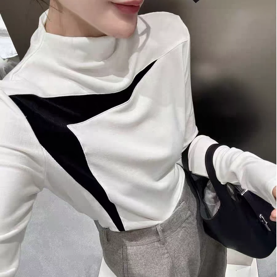 22607#撞色拼接半高领宽松显瘦百搭打底长袖上衣女秋冬新款洋气
