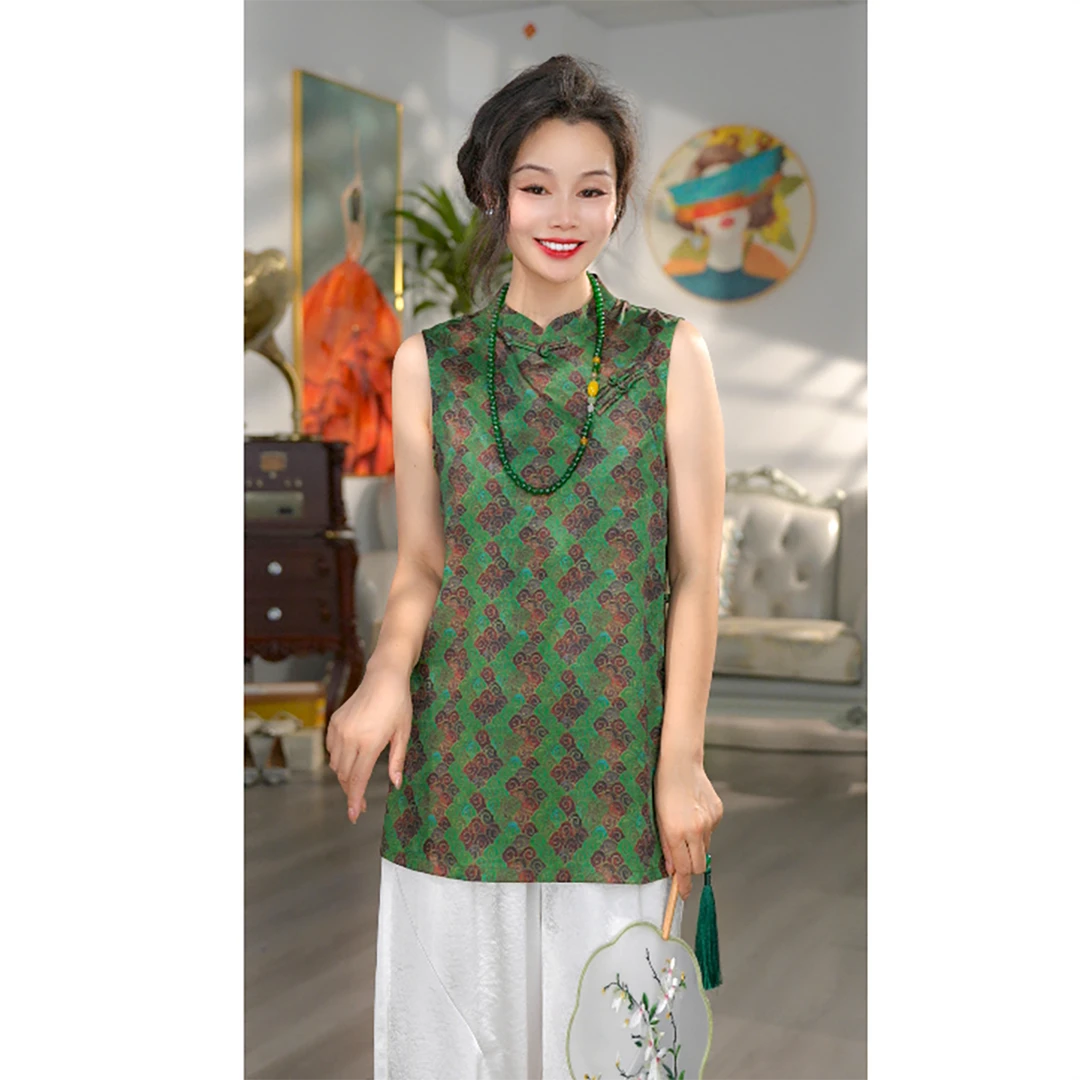 无印心匠【青蔓】A970 复古新中式上衣无袖立领提花宽松型夏季K1977