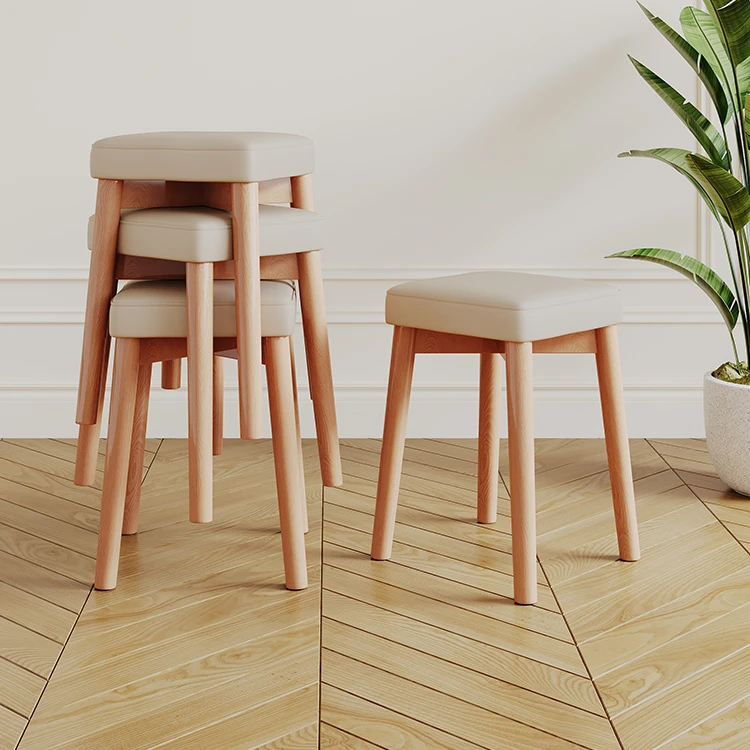 实木凳子梳妆凳可叠放餐凳化妆凳饭店方凳侘寂奶油风软包家用餐椅