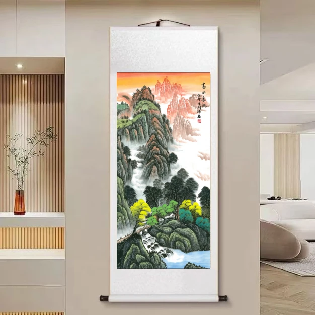 【富水长流】160*60新中式竖幅实木卷轴挂画客厅书房茶室挂画