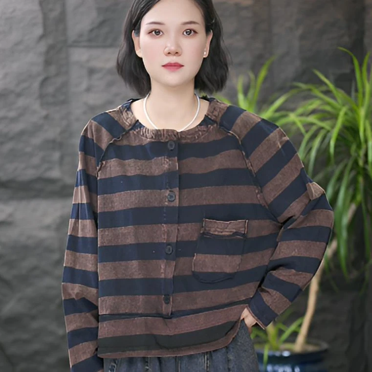 FF秋季时尚森系长袖女装条纹短款休闲毛衫卫衣中长款