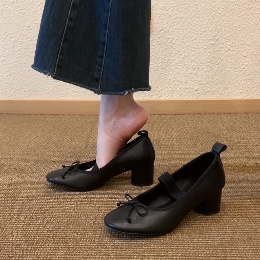 Pokoy-6cm芭蕾风蝴蝶结粗跟玛丽珍单鞋