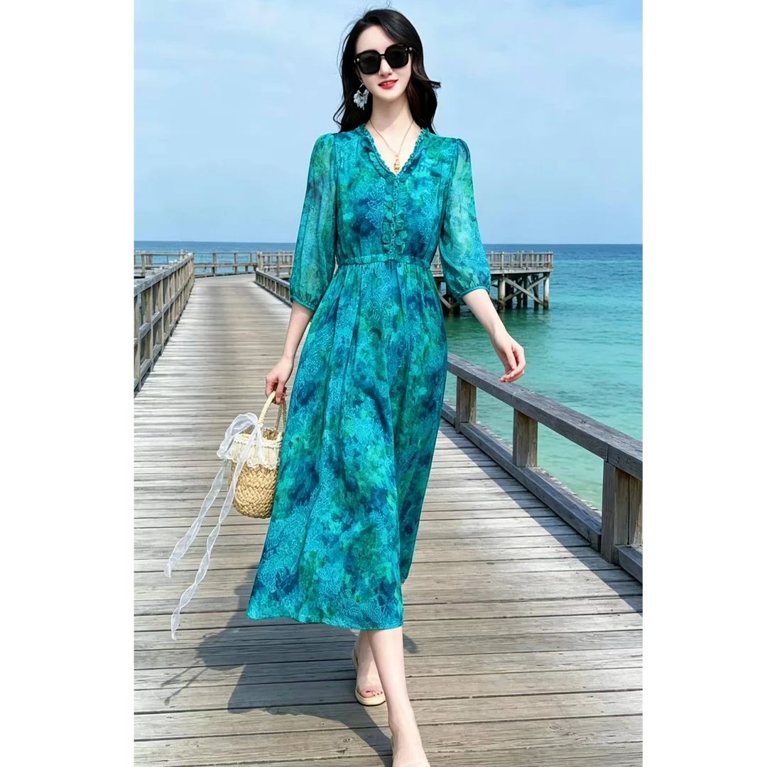 【2674琉璃仙境】新款时尚显瘦印花桑蚕丝气质修身连衣群长118公分