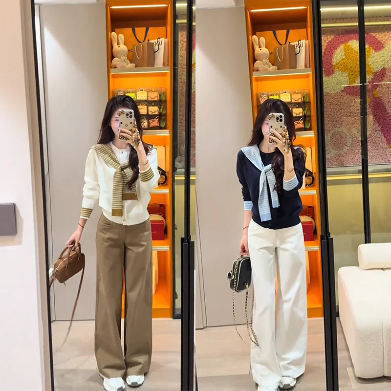 高级感女装秋季针织衫时尚条纹披肩上衣高腰直筒显瘦休闲裤两件套