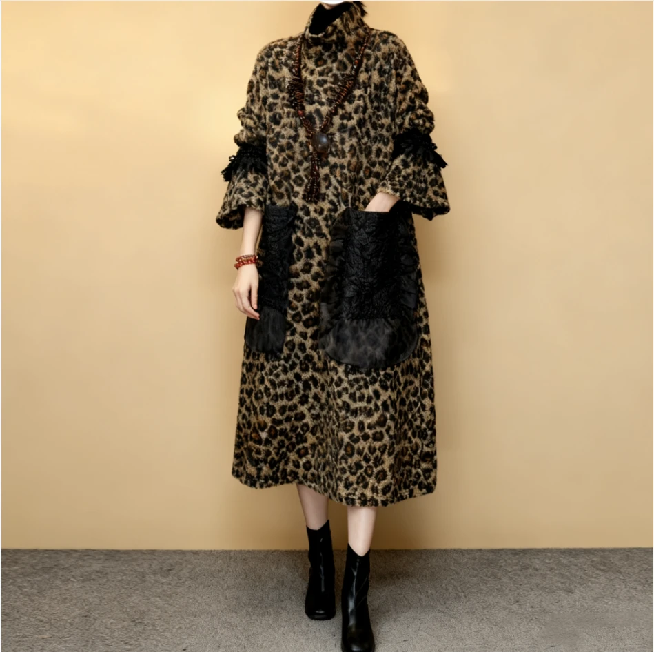 33-豹纹拼接蕾丝大口袋长裙