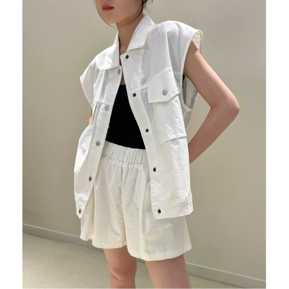 夏季新款气质工装风马甲短裤套装女时尚潮流设计师款棉麻两件套.