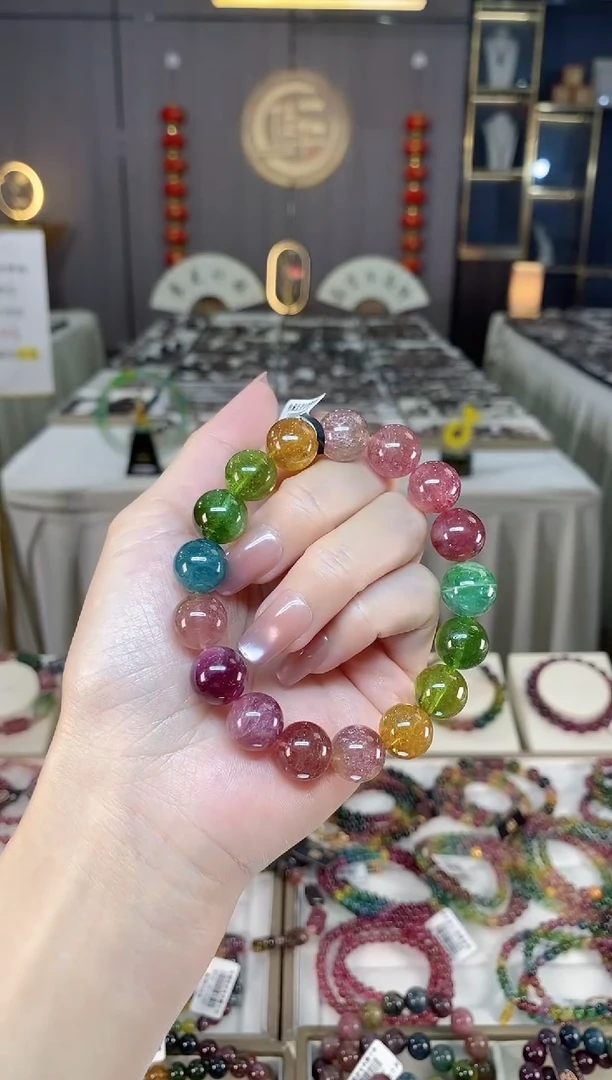 未镶嵌冰透体老矿碧玺彩虹单圈手串12mm+碧玺hon多样性发一条