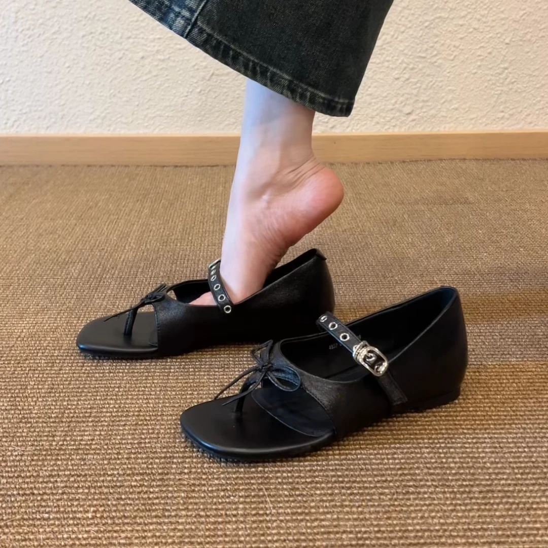 Pokoy-3cm法式复古蝴蝶结仙女时尚搭扣舒适浅口平底平底鞋