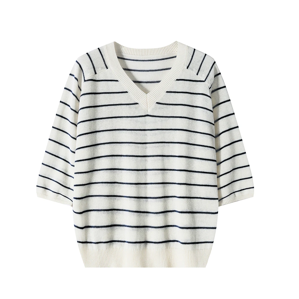 YiN 夏季棉麻V领短袖清凉条纹针织衫休闲时尚宽松上衣24943