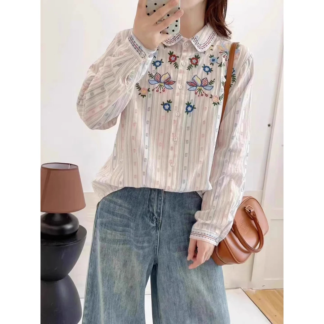 文艺POLO领碎花上衣女2025早秋简约舒适时尚休闲温柔慵懒百搭小衫