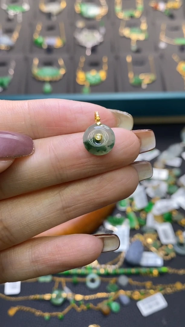 翡翠18K金镶嵌颈饰平安扣吊坠净货13665