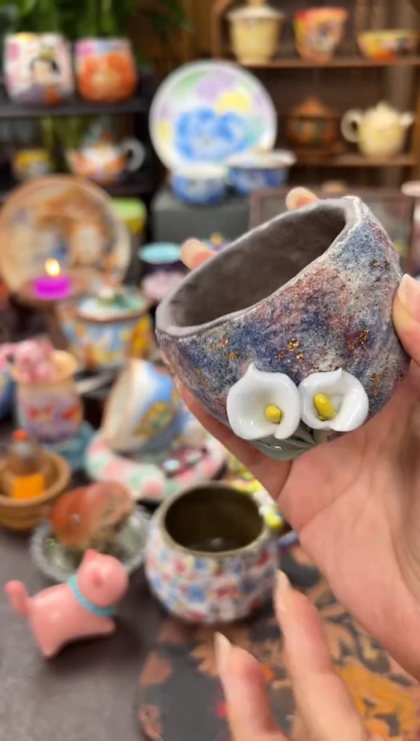 小****)上古龙窑彩矿岩泥荷花缸杯