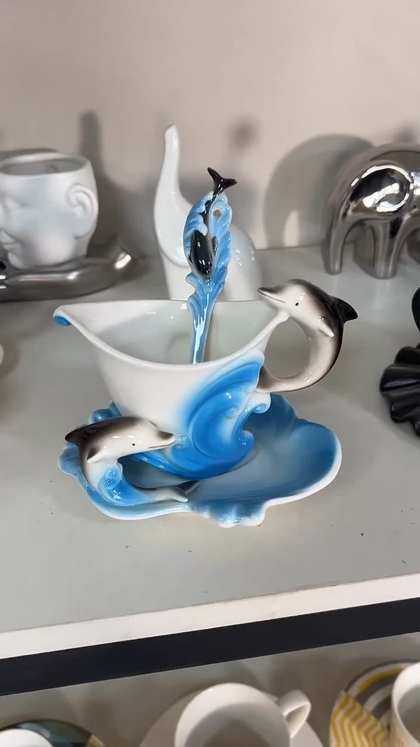 瓷海豚 咖啡杯碟勺 天蓝色
