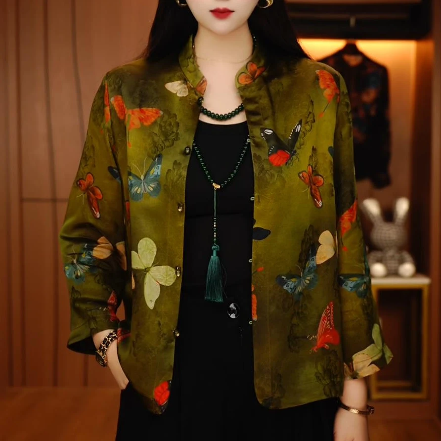 A250133-早春新款琉璃双皱丝时尚百搭显瘦休闲气质印花小衫