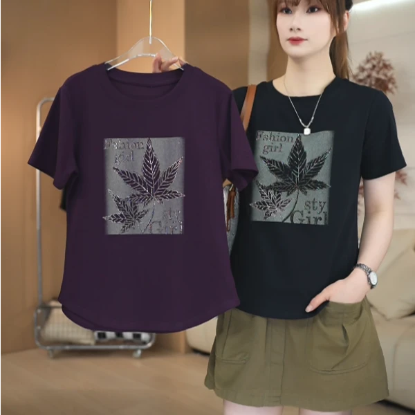 SHUOBAI/说白【印花+烫钻】265# 减龄遮肉修身显瘦时尚领短袖T恤Z