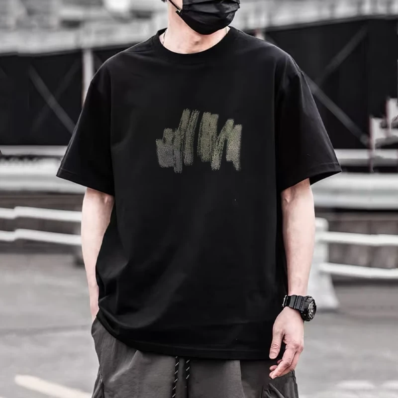 夏季模糊涂鸦印花短袖T恤男双纱纯棉半袖打底衫休闲体恤衫上衣男