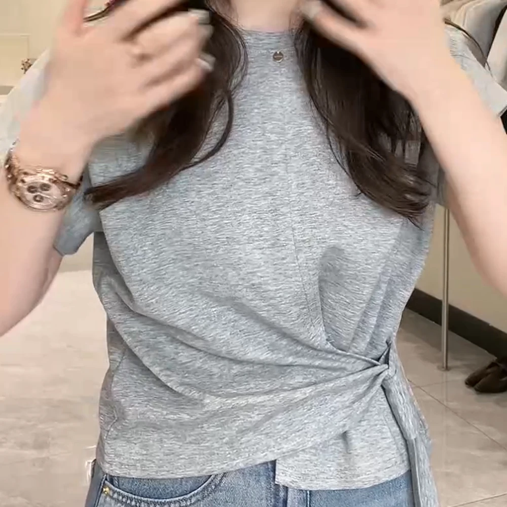 夏季韩系绑带收腰气质纯色t恤百搭显瘦短袖