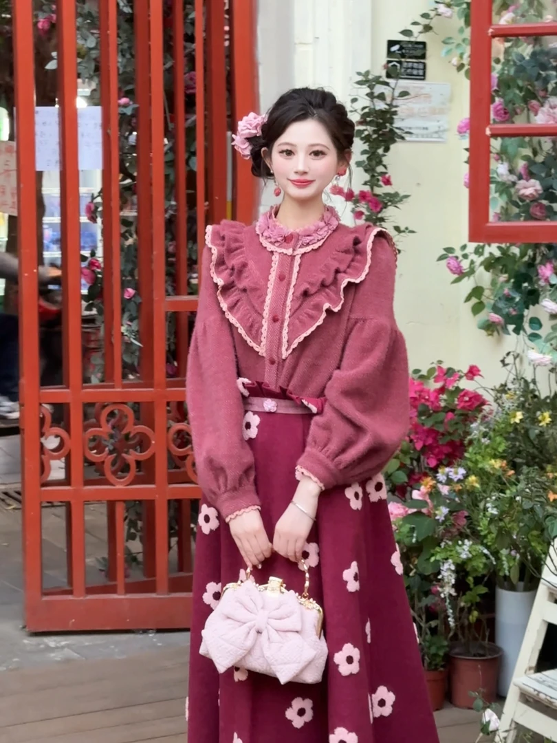 现货一生罗曼【干枯玫瑰】法式加绒加厚别致设计感花边衬衫Y4563