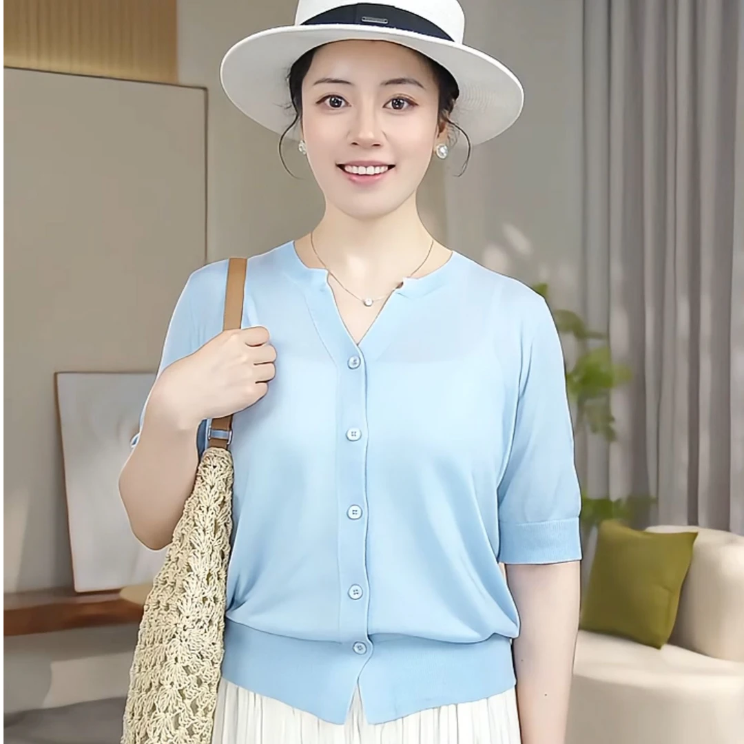 短袖女夏季薄款莱赛尔针织空调衫休闲宽松纯色妈妈装T恤女