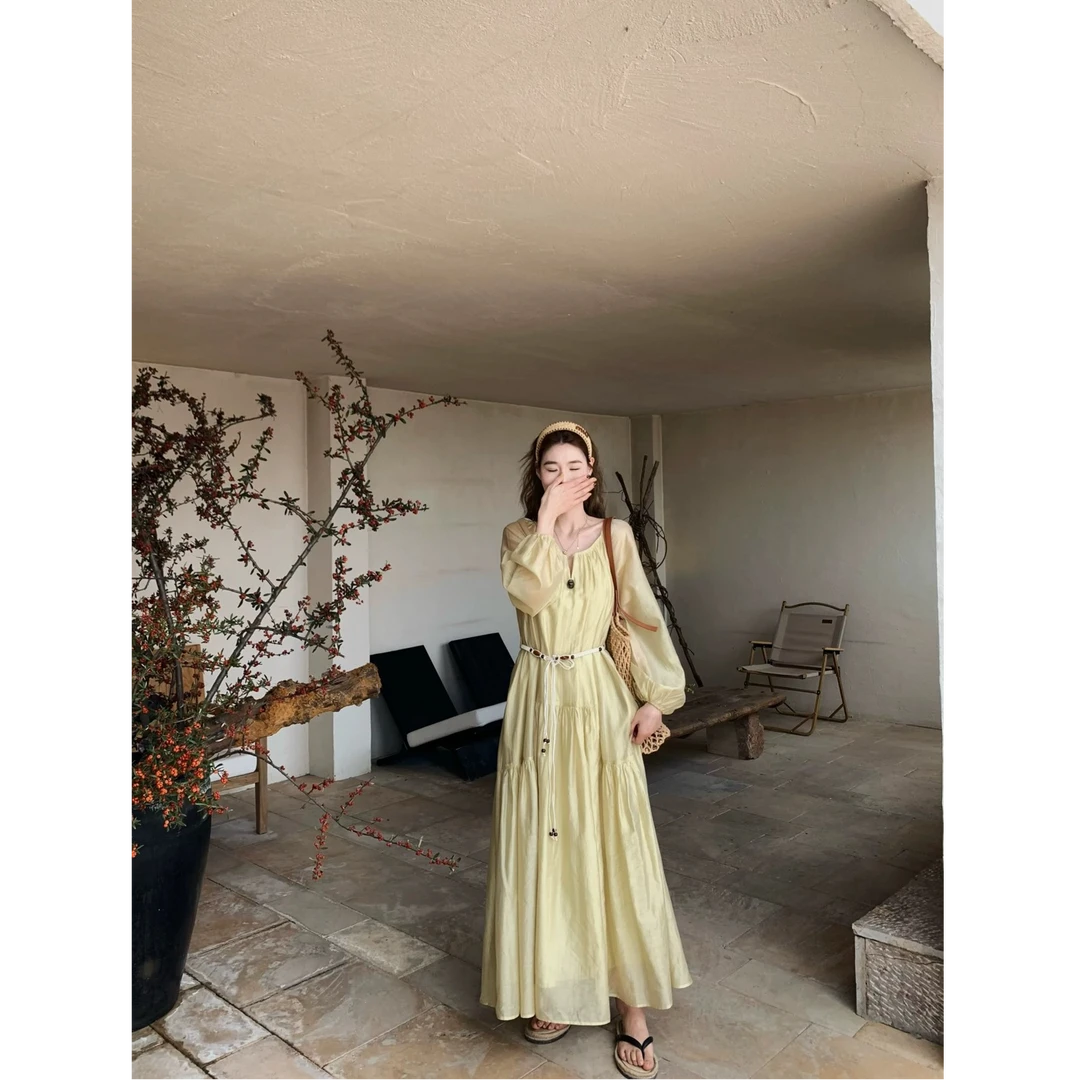 ZX6318法式复古纯色长袖连衣裙女2025春夏新款系腰带简约长裙