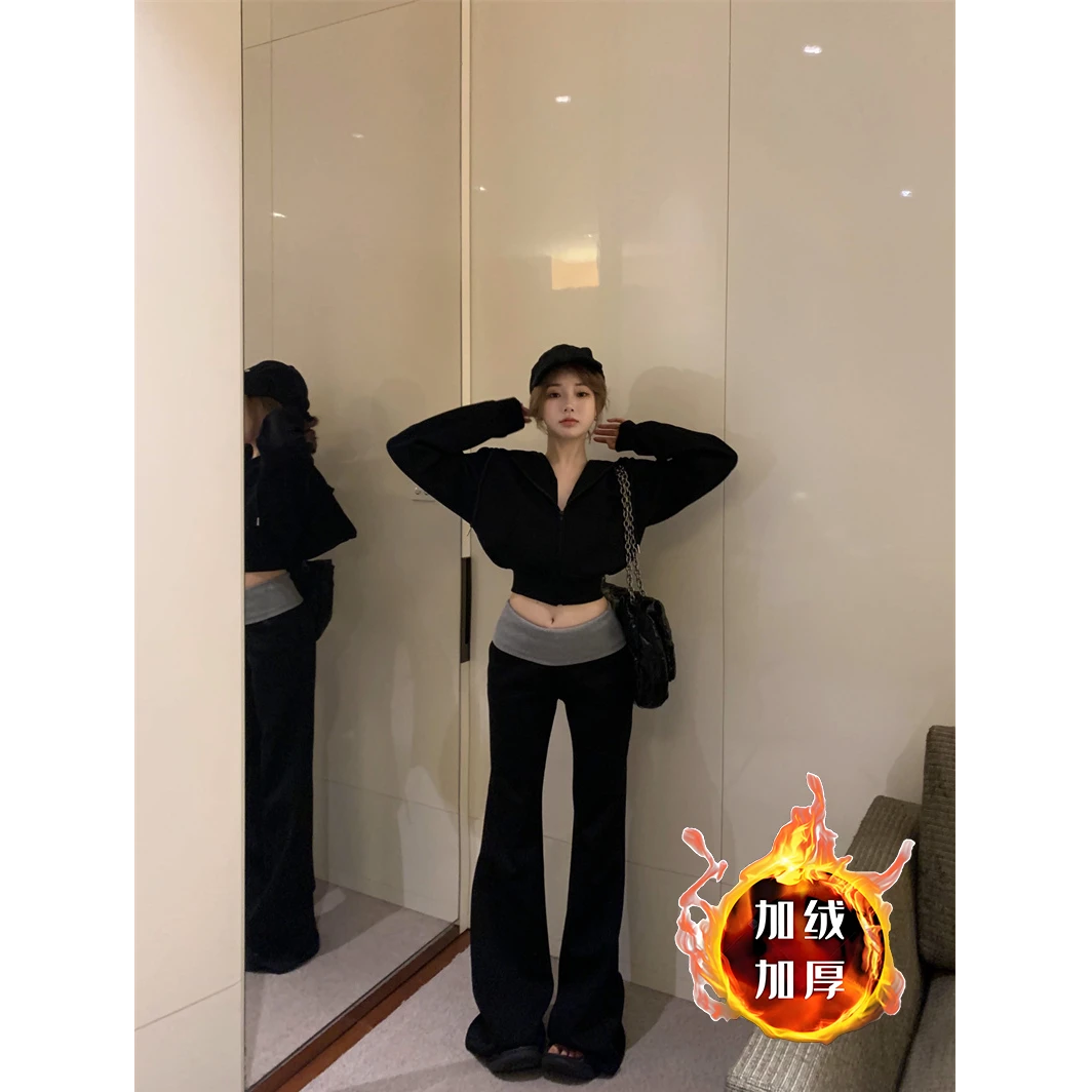 休闲套装秋冬慵懒连帽长袖卫衣外套女加绒加厚撞色微喇叭裤两件套