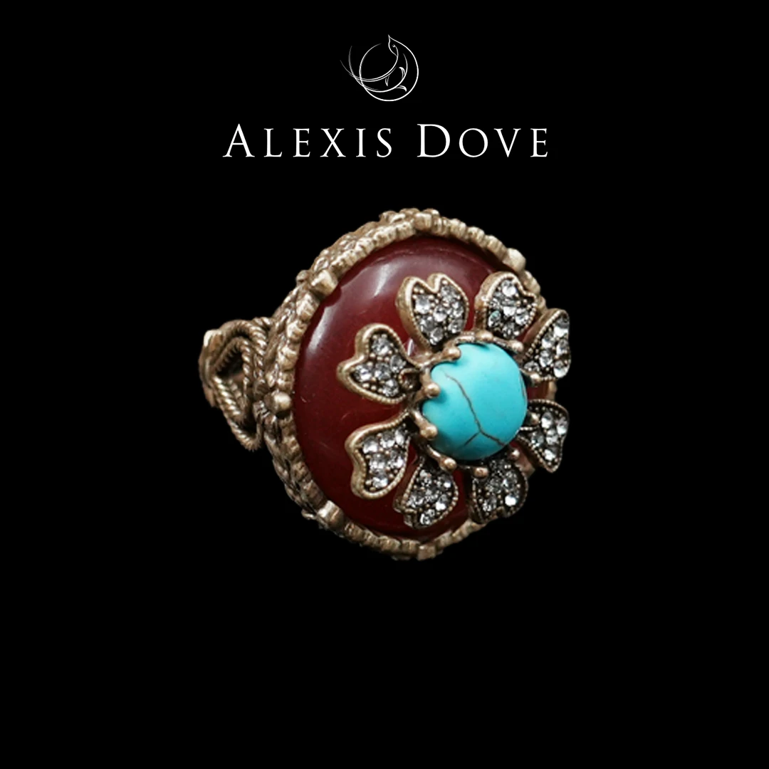 铜合金合成锆石戒指 复古重工浮雕红色花朵戒指【乐亿】