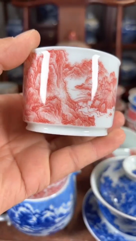 柴窑釉里红山水融天杯杯