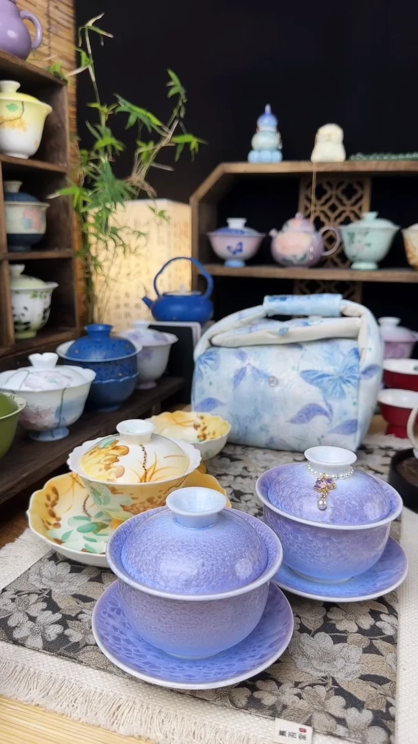 ?*?紫色结晶釉元宝三才盖碗