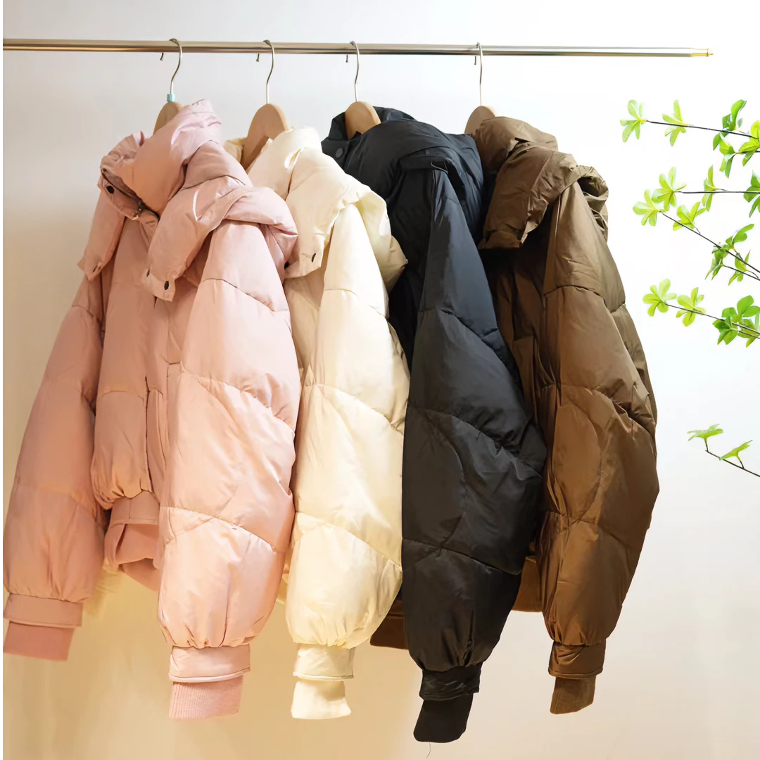 1007-一款四色面包服拼接下摆女款可拆卸连帽羽绒服