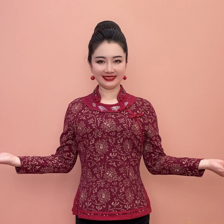 秋冬新中式时尚洋气元宝领长袖小衫不加绒