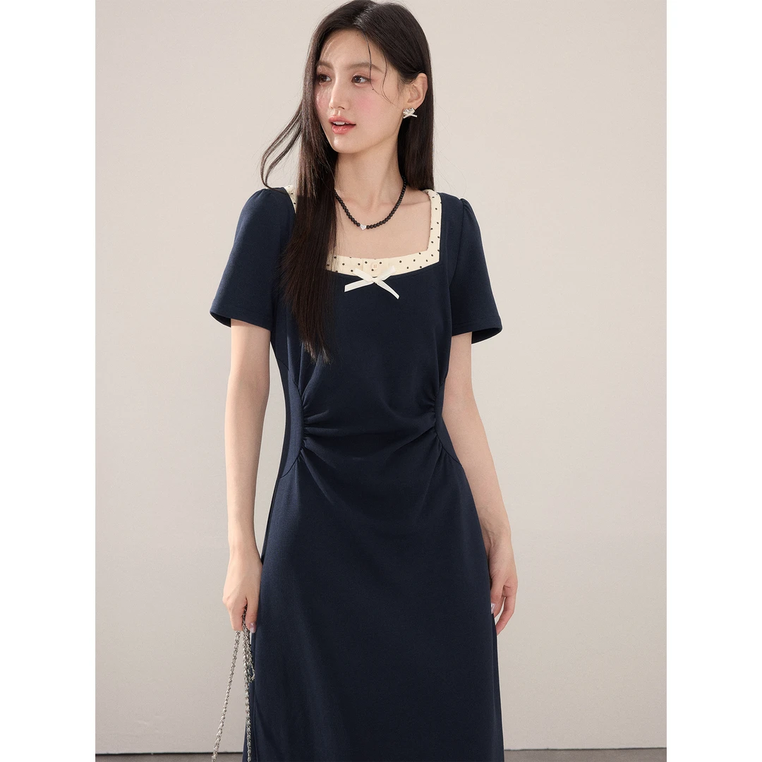 爱蔷薇大码法式方领连衣裙收腰夏裙子女2025新款气质长裙GT77866