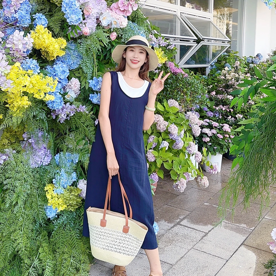 2025夏季新款亚麻莱赛尔天丝百搭透气冰冰凉假两件连衣裙-5281