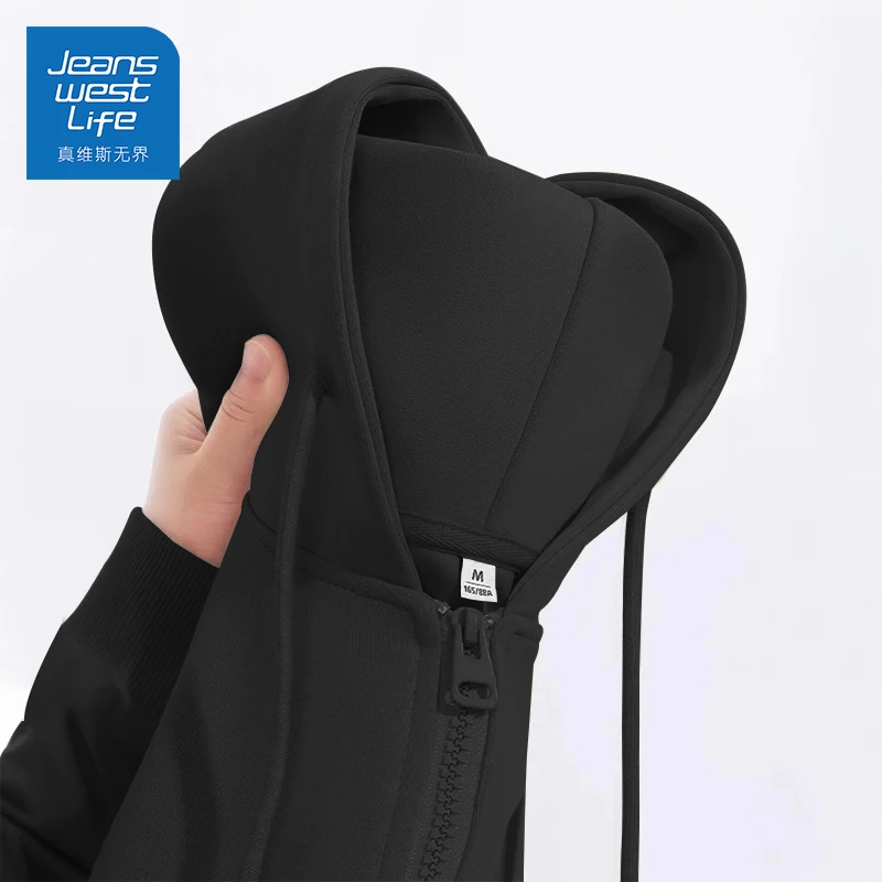 真维斯无界春秋黑色经典开衫连帽卫衣拉链显瘦时尚潮流洋气衣服女