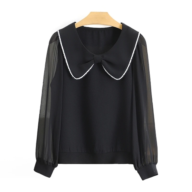 【伍莎-自营】珍珠镶边宽松方领休闲雪纺衫